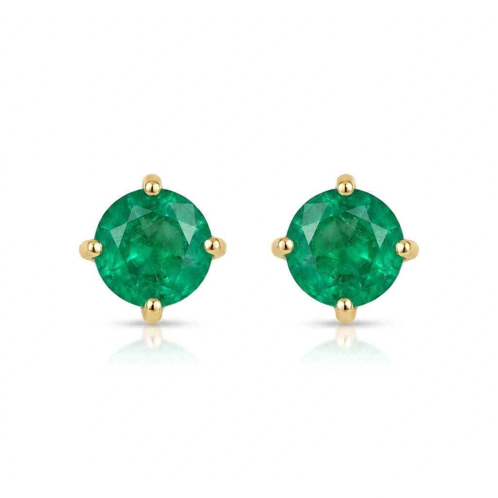 Round-cut 0,31 ct Emerald Stud Earrings - 18 k Yellow Gold