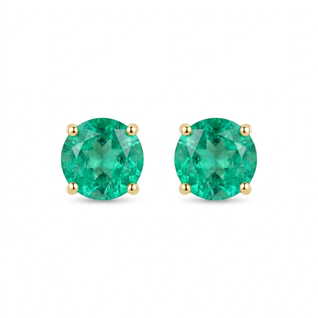 Round-cut 0,47 ct Emerald Stud Earrings - 18 k Yellow Gold