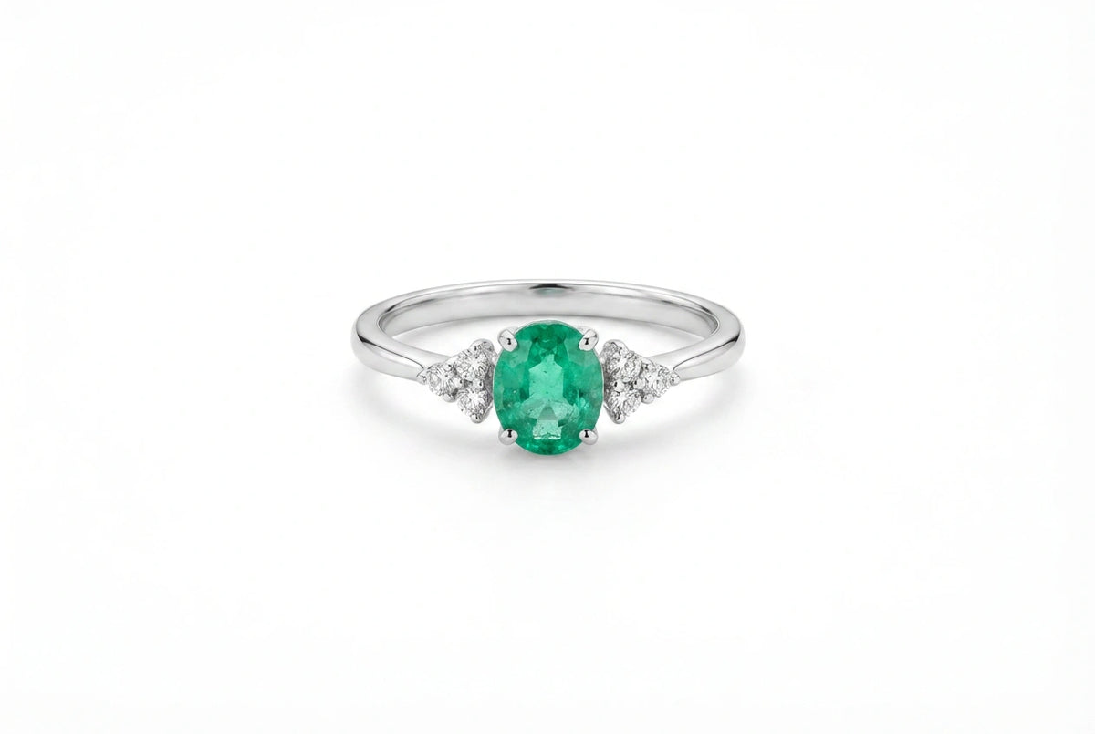 Double Clover Diamonds Emerald Ring