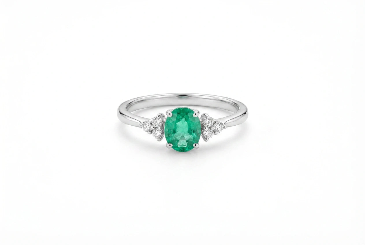Double Clover Diamonds Emerald Ring