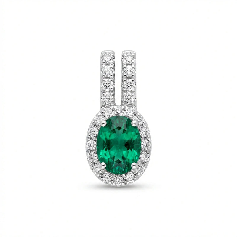 Pendentif ovale émeraude à halo avec bélière ornée de diamants